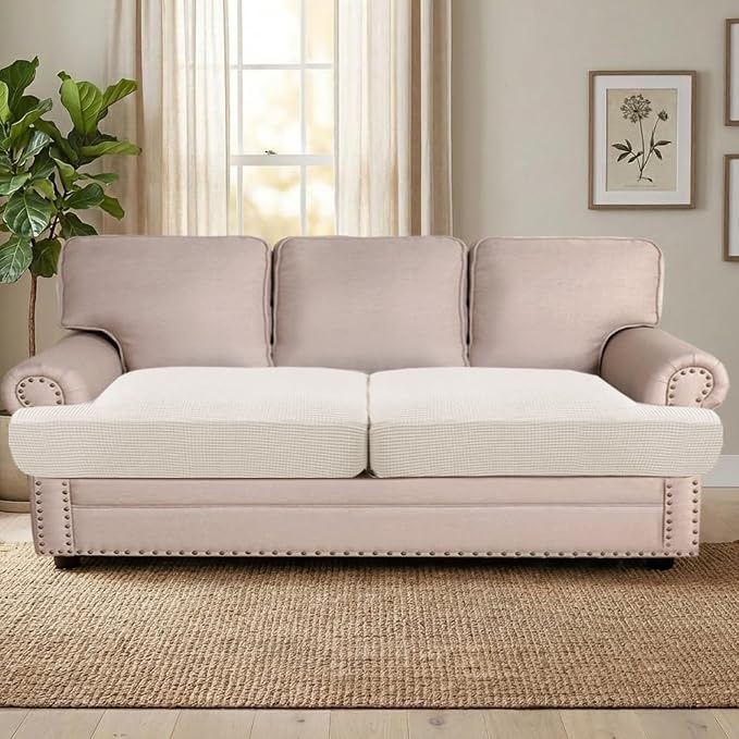 H.VERSAILTEX Stretch 2 Piece T Cushion Sofa Slipcovers Individually Sofa Cushion Covers for 2 Cushion Couch Sofa Seat Cushion Covers with Elastic Bands Featuring Thicker Jacquard Fabric, Ivory