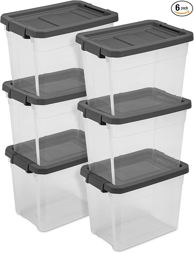 Sterilite Modular Stacker Box with Latching Lid, 30 Quart, 6-Pack | Clear Plastic Storage Bins - Stackable Organizing Container Boxes for Closet, Bathroom, and Office