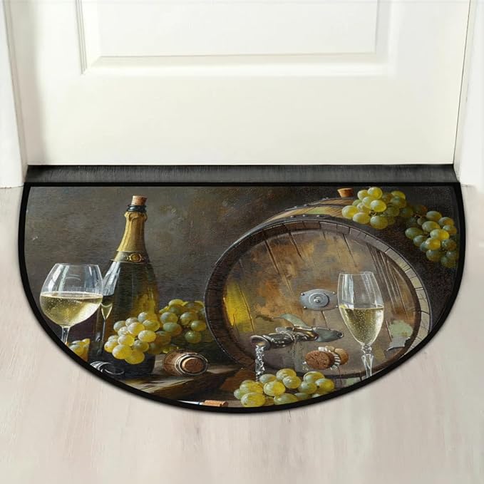 cfpolar Half Round Door Mat Grape Wine Pattern Non-Slip Semi Circle Area Rug Washable Half Moon Hearth Rugs for Indoor Outdoor Bathroom Kitchen Patio Runner Mat Laundry Room Home Decoration