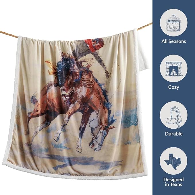 Paseo Road Indigo Hill by HiEnd Accents Buster 54x68 Cream Throw Blanket | Cowboy Horse Print, Rustic Southwestern Rodeo-Style Western Sherpa Fleece Blanket for Camping Outdoors