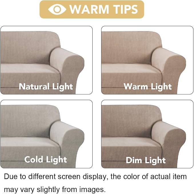 H.VERSAILTEX Stretch T Cushion Armchair Cover 2 Piece Chair Covers for Living Room Furniture Cover Suit for Box Cushion, Spandex Jacquard Fabric Small Checks(Armchair-Oversized, Sand)
