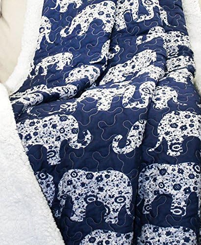 Lush Decor Navy Elephant Parade Throw Fuzzy Reversible Sherpa Blanket 60” x 50 White