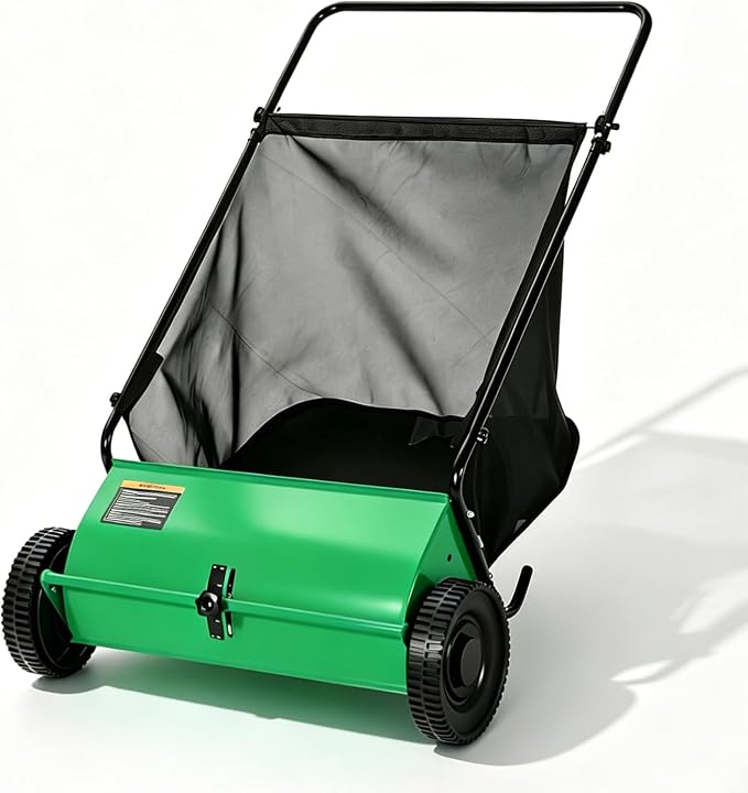 Push Lawn Sweeper, 26 in Grass Sweeper Leaf Collector with 7 Cu.ft Mesh Bag, Yard Sweeper with Adjustable Brush Height and 4 Spinning Brushes for Cleanup, Lawn Care Equipment