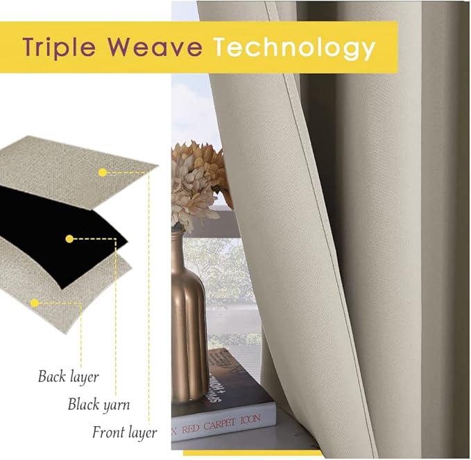 NICETOWN Kitchen Curtains, Short Curtains for Bedroom Windows, Natural, 34" W by 60" L, 1 Pair, Thermal Insulated Room Darkening Curtain Panels for Girls Room, Cafe