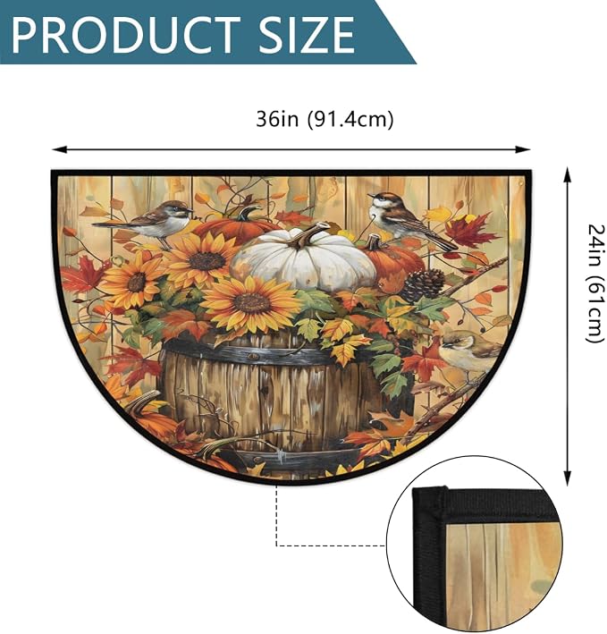 Fall Pumpkin Half Round Door Mat Semi Moon Rug Fireplace Carpet Area Rugs | Retro Fall Pumpkin Non Slip Absorbent Half Circle Mat Carpet for Indoor Outdoor Patio Kitchen Bathroom Entryway Home Decor