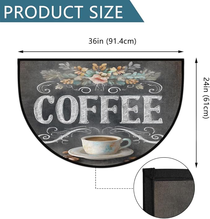 Pardick Half Round Door Mat Vintage Coffee Flower Anti-Slip Semi Circle Rug 24X36 Indoor Door Mat Half Moon Bath Mats, Washable Decorative Welcome Floor Mats for Kitchen Bathroom Hearth Fireplace,Q-4