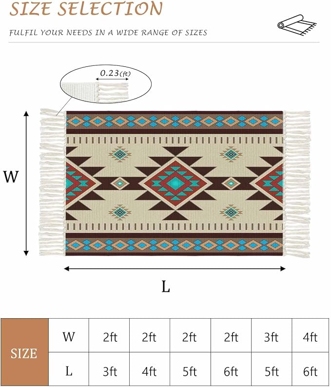 Boho Southwestern Large Runner Rug 4X6 Ft Living Room Area Rug, Washable Woven Aztec Abstract Geometric Throw Carpet with Tassel, Non-Shedding Vintage Native American Patterned Bedroom Office Carpets