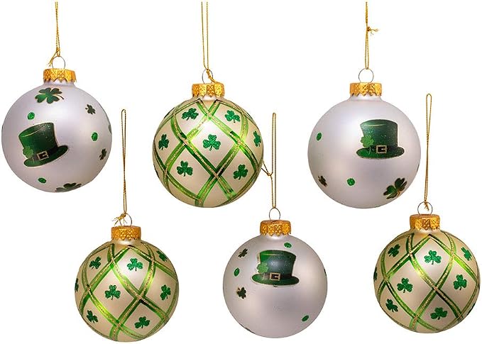 Kurt Adler 80MM Silver and Light Green St. Patrick Glass Ball Ornaments, 6 Piece Box