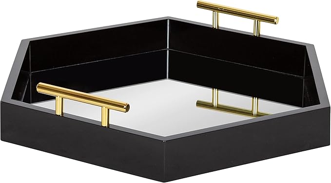 Kate and Laurel Lipton Modern Hexagon Mirrored Tray; 18 x 18; Black and Gold; Midcentury Decorative Serving Tray for Storage and Display