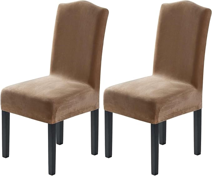 H.VERSAILTEX Velvet Dining Chair Covers Stretch Chair Covers for Dining Room Set of 2 Parson Chair Slipcovers Chair Protectors Covers Dining, Soft Thick Solid Velvet Fabric Washable, Camel