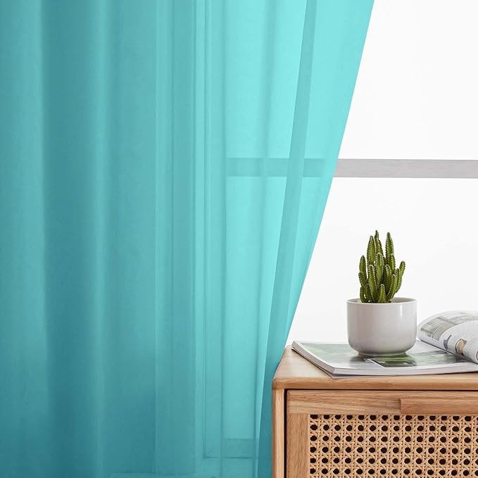 Kitchen Curtains 24 Inch Length Tier 2 Pieces, Turquoise Sheer Curtain Solid Soft Sheer Short Curtains for Windows, Cafe Bathroom Basement Rod Pocket Drapes, Each 42" Wx24 L Inches