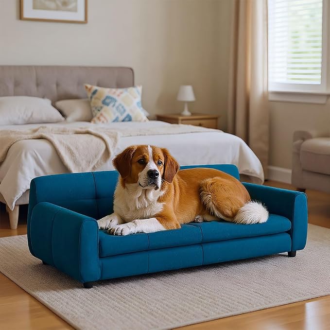 51" XL Dog Bed Couch, Elevated Large Dog Sofa with Backrest and Armrests, Soft Memory Foam Extra Large Pet Bed with Removable Cushion, Durable Linen Pet Couch Furniture, Dark Blue