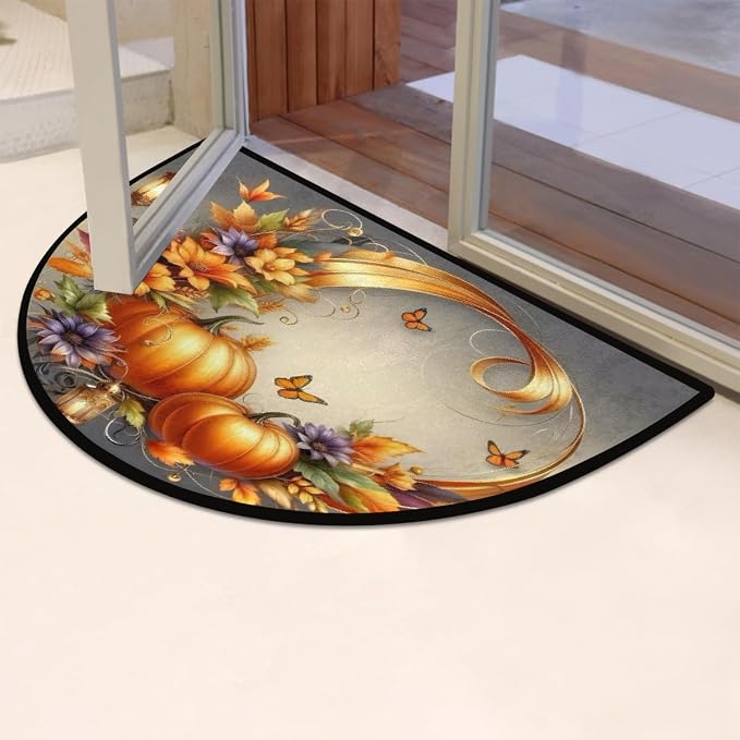 Pumpkin Half Round Doormat Non-Slip Semi Circle Rug Half Moon Mat | Fall Flower Grey Washable Soft Absorbent Indoor Outdoor Entrance Kitchen Bathroom Sink Patio Welcome Fireplace Floor Rug