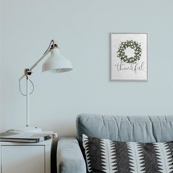 Stupell Industries 'Thankful Cotton Wreath Accent'| Framed Giclee Art | Stupell Industries | Gray, 11 x 14 Inches, Easy to Hang and Sturdy, Made in USA, by Lettered and Lined
