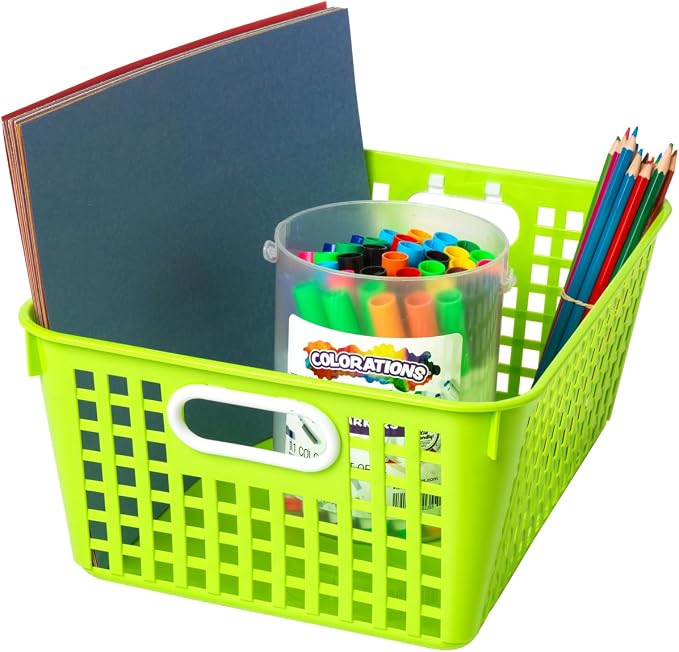 Really Good Stuff Large Plastic Storage Baskets with Handles - 6 Pack | 13.75" x 9.75" x 5", Neon Group Colors, for Books & Supplies, Organize Classroom & Home