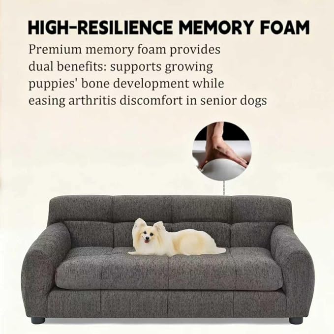 38" Dog Sofa Couch Bed for Small, Medium, Large Dogs, Soft Memory Foam Pet Sofa with Durable Linen Fabric, Comfortable Pet Couch with Backrest and Armrests, Easy to Clean and Maintain（Dark Grey）