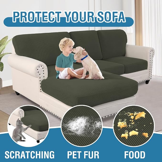 H.VERSAILTEX Sectional Couch Covers 3 Pieces Sofa Seat Cushion Covers L Shape Separate Cushion Couch Chaise Cover for Both Left/Right Sectional Couch (Seat Only: 1 Chaise + 2 Sofa, Olive)