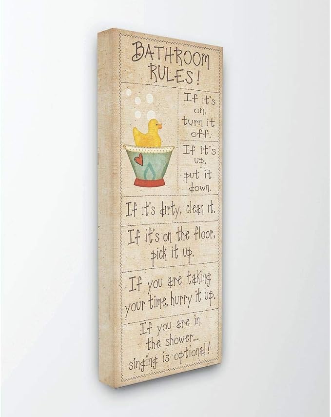 Stupell Industries 'Bathroom Rules Rubber Ducky Tall Bathroom'| Canvas Art | Stupell Industries | 17 x 40 Inches, Easy to Hang and Sturdy, Made in USA, by Jennifer Pugh
