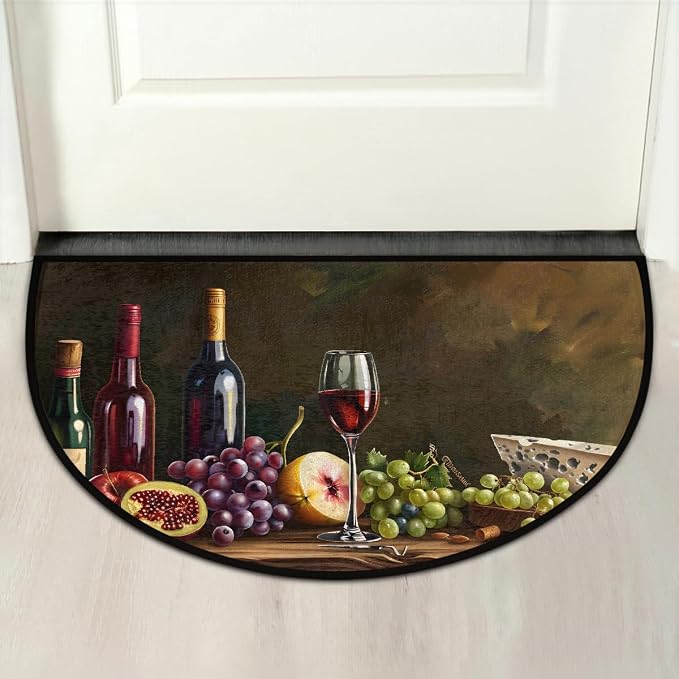 Wine Half Round Doormat Non-Slip Semi Circle Rug Half Moon Mat | Kitchen Grape Cheese Washable Soft Absorbent Indoor Outdoor Entrance Kitchen Bathroom Sink Patio Welcome Fireplace Floor Rug