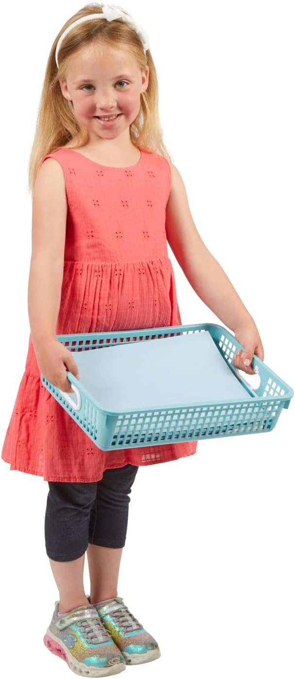 Really Good Stuff Multi-Purpose Small Desktop Paper Storage Baskets | 14" x 10" x 3.25", Set of 4, Neutral Group Colors, Classroom Organization, Stackable Mesh Plastic Baskets with Grip Handles