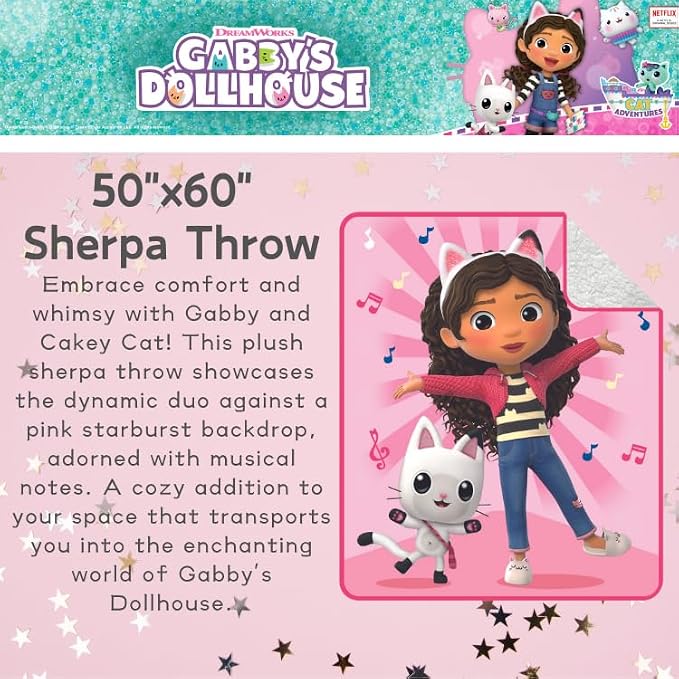 DreamWorks Gabby's Dollhouse Kids Bedding Soft Plush Sherpa Blanket Throw, 50 in x 60 in, (Officially Licensed Product) by Franco