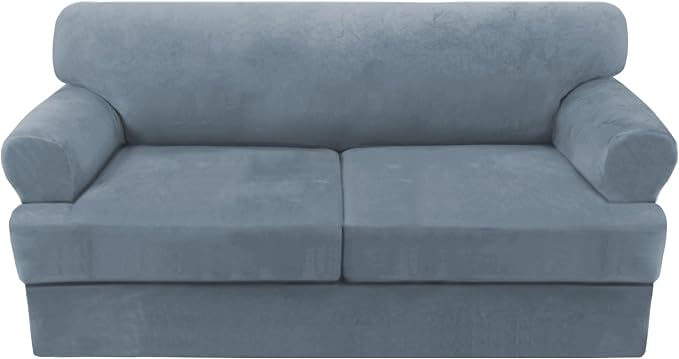 H.VERSAILTEX Sofa Cover 3 Piece T Cushion Loveseat Slipcovers Thick Velvet Couch Cover Stretch T Cushion Sofa Covers for 2 Cushion Couch with 2 Individual T Cushion Covers Washable, Stone Blue