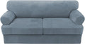 H.VERSAILTEX Sofa Cover 3 Piece T Cushion Loveseat Slipcovers Thick Velvet Couch Cover Stretch T Cushion Sofa Covers for 2 Cushion Couch with 2 Individual T Cushion Covers Washable, Stone Blue