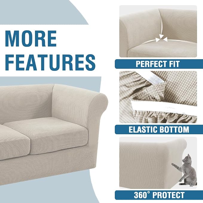 H.VERSAILTEX 4 Piece Stretch Chesterfield 3 Cushion Couch Cover Mid Century Deep Seat Sofa Covers (Base Cover Plus 3 Seat Cushion Covers) Thicker Jacquard Fabric (Large Sofa, Island Fossi)