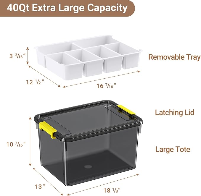 40Qt Large Stackable Storage Bin with Lid & Tray, Clear Plastic Latching Box Organizer with Divider Portable Container for Arts & Crafts, Home & Car Trunk Organization,Clear Grey,1Pack