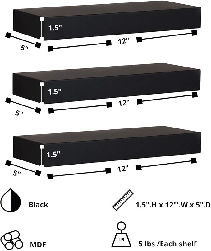 kieragrace Modern Floating-Shelves, Pack of 3, Black, 3 Count