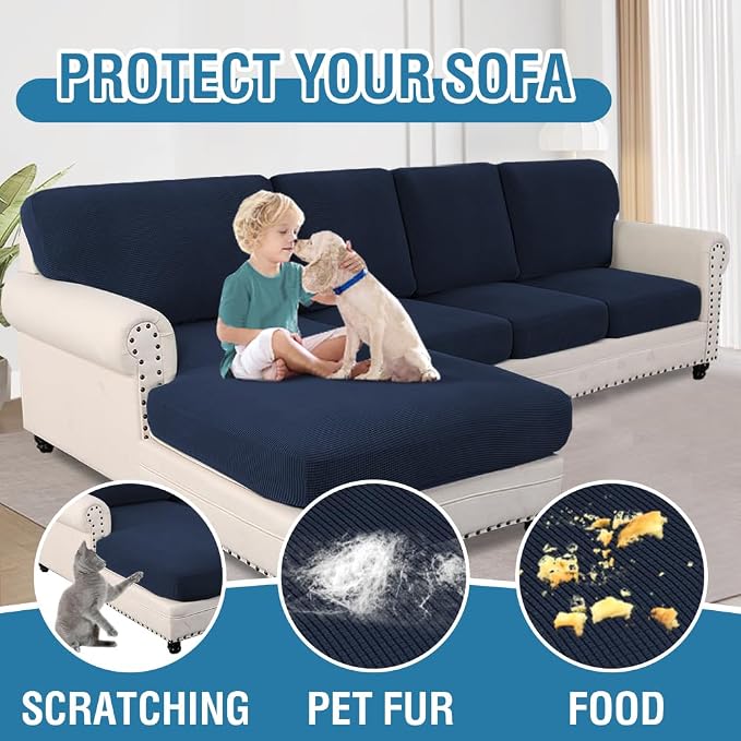 H.VERSAILTEX Sectional Couch Covers 8 Pieces Stretch Sofa Covers for Sectional Sofa Set Separate L Shaped Couch Cover for Both Left/Right Couch (Seat and Back: 1 Chaise + 3 Sofa, Navy)