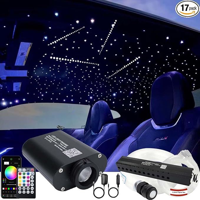 AZIMOM 16W Sound Activate Fiber Optic Starlight Headliner Kit 550pcs 0.03in 13.1ft Fiber Strands, Pure White Meteor Shooting Star Music Mode Remote APP Control Car Use Home Headliner Decor