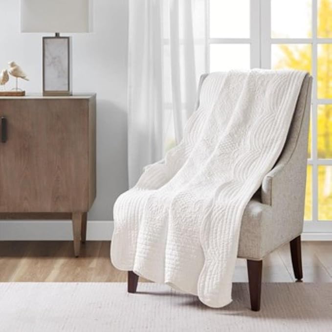 Madison Park Luxe Damask Stitching Throw Blanket, 60"x72" | Cotton Filled Spread, Ultra Soft, Cozy Bedding for Living Room Couch, Sofa, Bed, Scalloped Borders, White