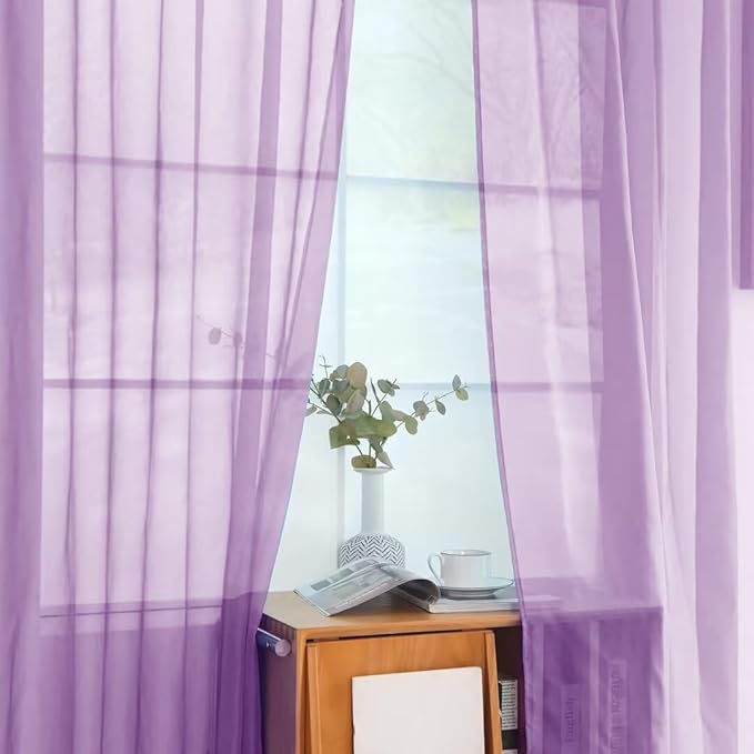 youleyar Solid Sheer Rod Pocket Curtain Voile Draperies 2 Panels White Beige Black Grey Coffee 52 Inch Width 45 Inch Long 1 Pair for Kitchen Bedroom Children Living Room Yard (Lavender,52Wｘ45L)