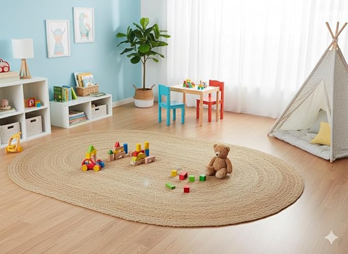 Craft Trade Large Natural Jute Rug Hand Woven Braided Reversible Rustic Area Rugs for Living Room Bedroom Home Decor Vintage Boho Farmhouse Sisal Carpet - Oval 5x7 Feet