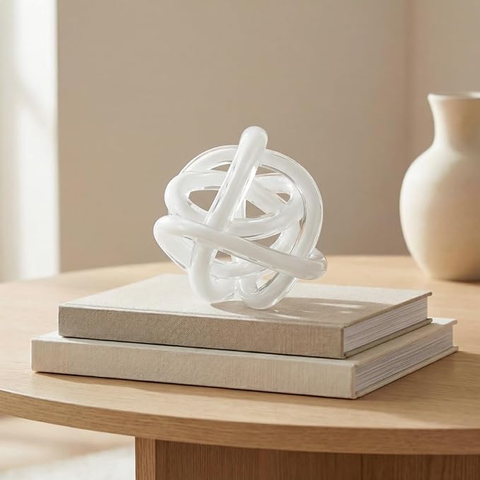 Torre & Tagus Orbit Hand Blown Glass Infinity Knot Sculpture - 4.5 Inch Glass Art White Knot Decor Ball for Home Decor, Small Centerpiece Table Decoration for Home Interior (Solid White)