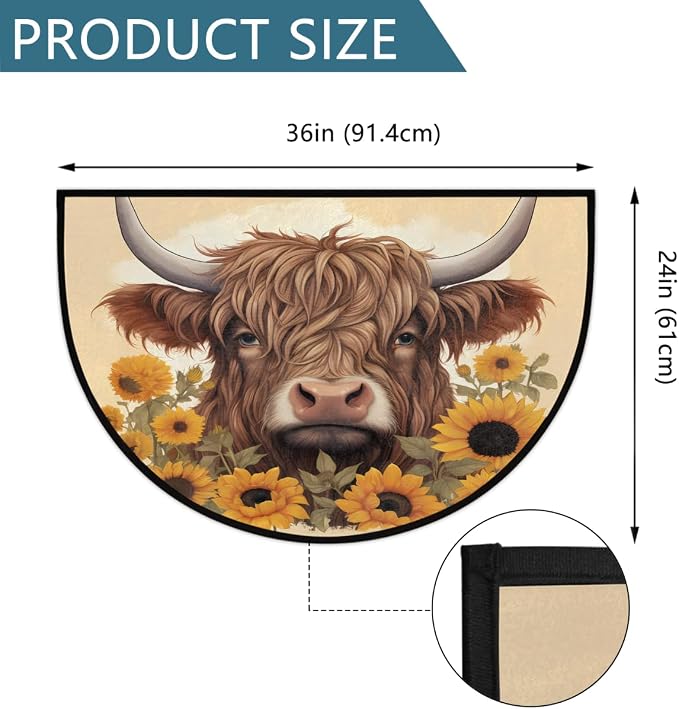 Half Round Door Mat Animal Highland Cow Sunflower Non-Slip Semi Circle Area Rug Washable Half Moon Hearth Rugs for Indoor Outdoor Bathroom Kitchen Patio Runner Mat Laundry Room Home Decoration