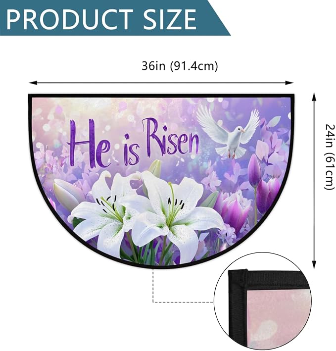 Easter White Lily He is Risen Half Round Door Mat Indoor Entrance Half Circle Area Rug Semi Circular Door Mat Half Moon Rug for Floor Bathroom Living Room Bedroom Kitchen Fireplace 24"x36",A-02