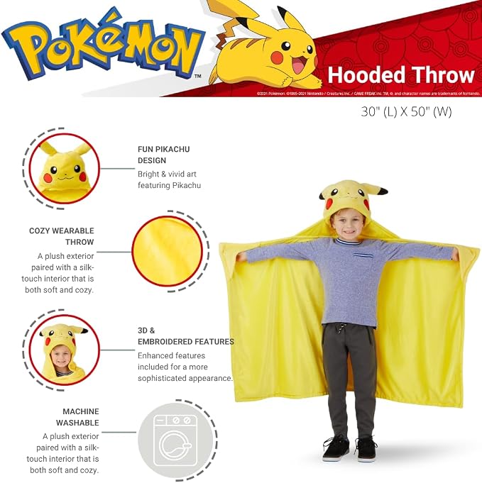 Pokemon Pikachu Hooded Throw - Kids Bedding Super Soft Throw Blanket - 30 in x 50 in, (Officially Licensed Product) by Franco