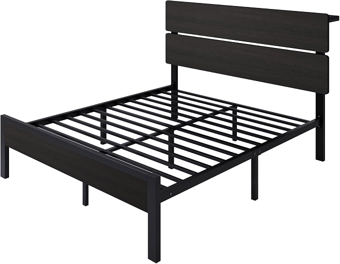 SHA CERLIN Queen Size Bed Frame, Led Light, Charging Station, Storage Shelf | Wooden Headboard, Heavy Duty Slats Support, Metal Platform Bed, Under Bed Storage, No Box Spring Needed, Noise Free, Black