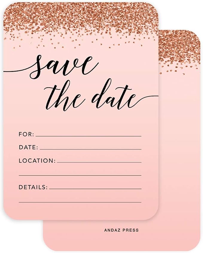 Andaz Press Blush Pink and Rose Gold Glitter Elegant Party Collection, 5x7-inch Invitations with Envelopes, Save The Date, 24-Pack, Double Sided Printing, Heavy Card Stock, Includes Envelopes