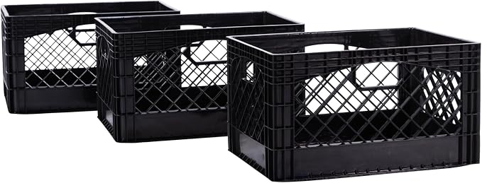 Rectangular Plastic Milk Crate Storage Tote with Handles, 24-Quart Stackable Organizer for Garage, Home, and Office, Made in the USA, 19" x 13" x 11" (3-Pack) - Black