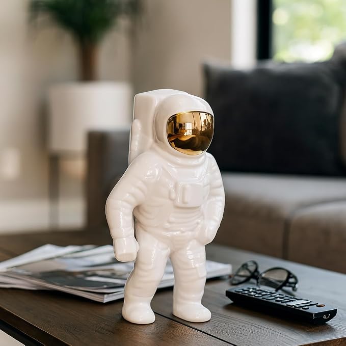 Ceramic Astronaut Statue Figurine for Home Decor - Decorative Sculpture for Bathroom, Office, and Living Room - Modern Ornaments for Shelf, Desk, and Coffee Table Accent - 11", White