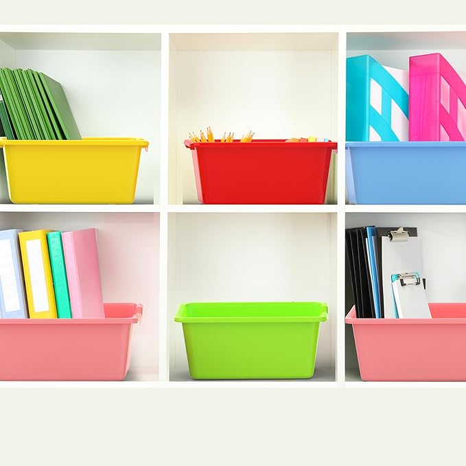 10 Pcs Plastic Book Bins Classroom Small Cubby Bins Stacking Bins Office Kids Storage Container Desk Organizer Basket for Home Nursery Playroom Classroom (10)