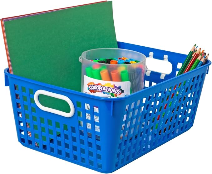 Really Good Stuff Large Plastic Book Baskets, 13.25" x 10" x 5.5", 4-Pack | Primary Group Colors, Classroom Library Organizers, Storage, Multi-Purpose