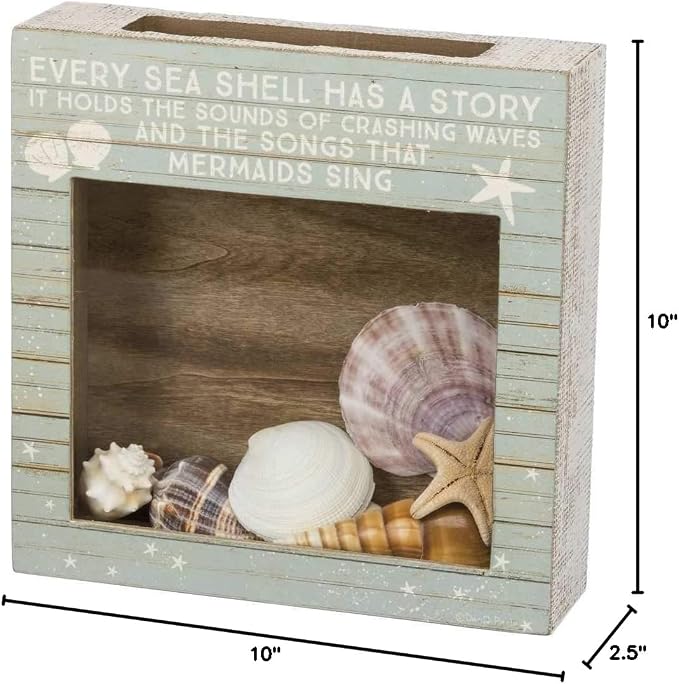 Primitives by Kathy | Rustic beach house decor featuring "Every Sea Shell Has A Story" sentiment. Clear glass windows for beach treasures