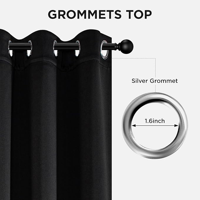 Joydeco Blackout Curtains 108 Inches Long 1 Panel, Thermal Insulated Long Curtains& Drapes 1 Piece, Room Darkening Grommet Drapes for Living Room Bedroom Window (W70 x L108 Inch, Black)