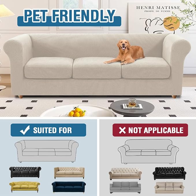 H.VERSAILTEX 4 Piece Stretch Chesterfield 3 Cushion Couch Cover Mid Century Deep Seat Sofa Covers (Base Cover Plus 3 Seat Cushion Covers) Thicker Jacquard Fabric (Large Sofa, Island Fossi)