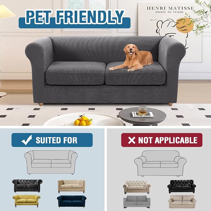 H.VERSAILTEX 3 Pieces Stretch Loveseat Slipcovers Traditional Chesterfield Loveseat Covers for 2 Cushion Couch Mid Century Deep Seat Couch Cover Washable, Thicker Jacquard Fabric(Medium Sofa, Grey)