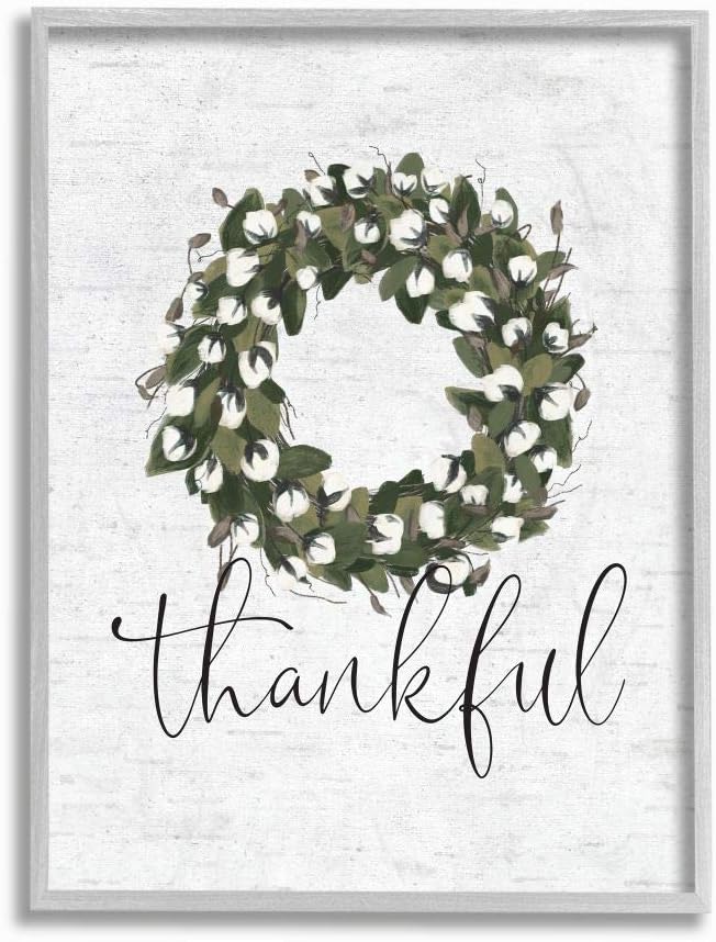 Stupell Industries 'Thankful Cotton Wreath Accent'| Framed Giclee Art | Stupell Industries | Gray, 11 x 14 Inches, Easy to Hang and Sturdy, Made in USA, by Lettered and Lined